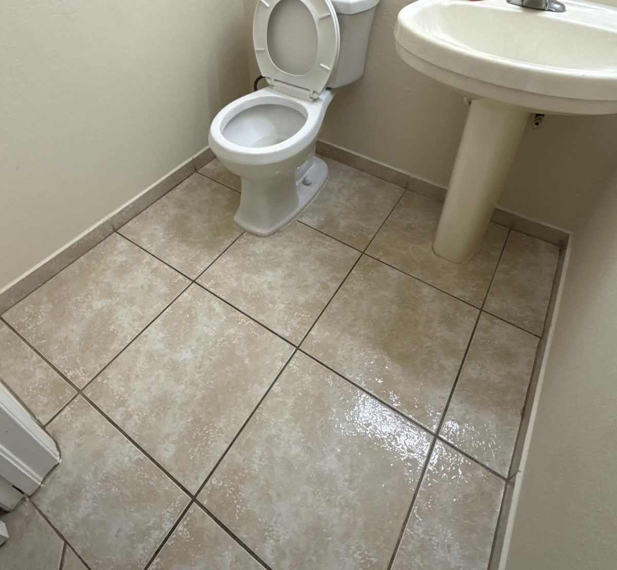 Cleaned bathroom with a white toilet, a pedestal sink and a beige tile floor washed to a shine