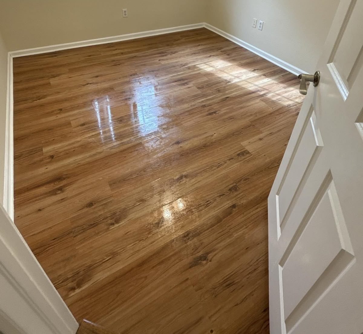 Empty bright room with a wood-look plank floor washed clean, daylight reflecting off the surface